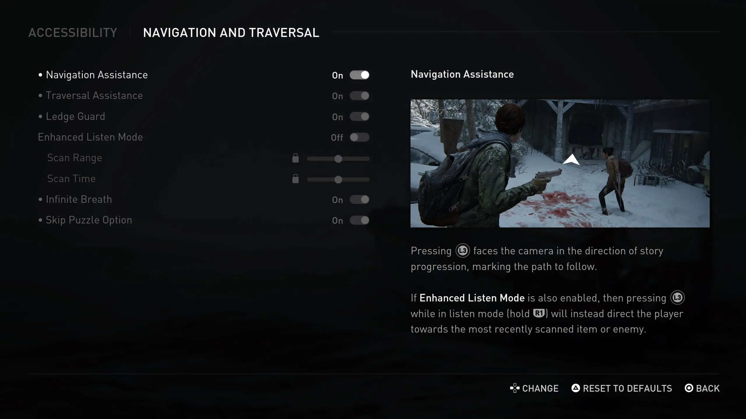 The accessibility menu from within the Last of Us (Part 2) showcasing navigational assistance within the game