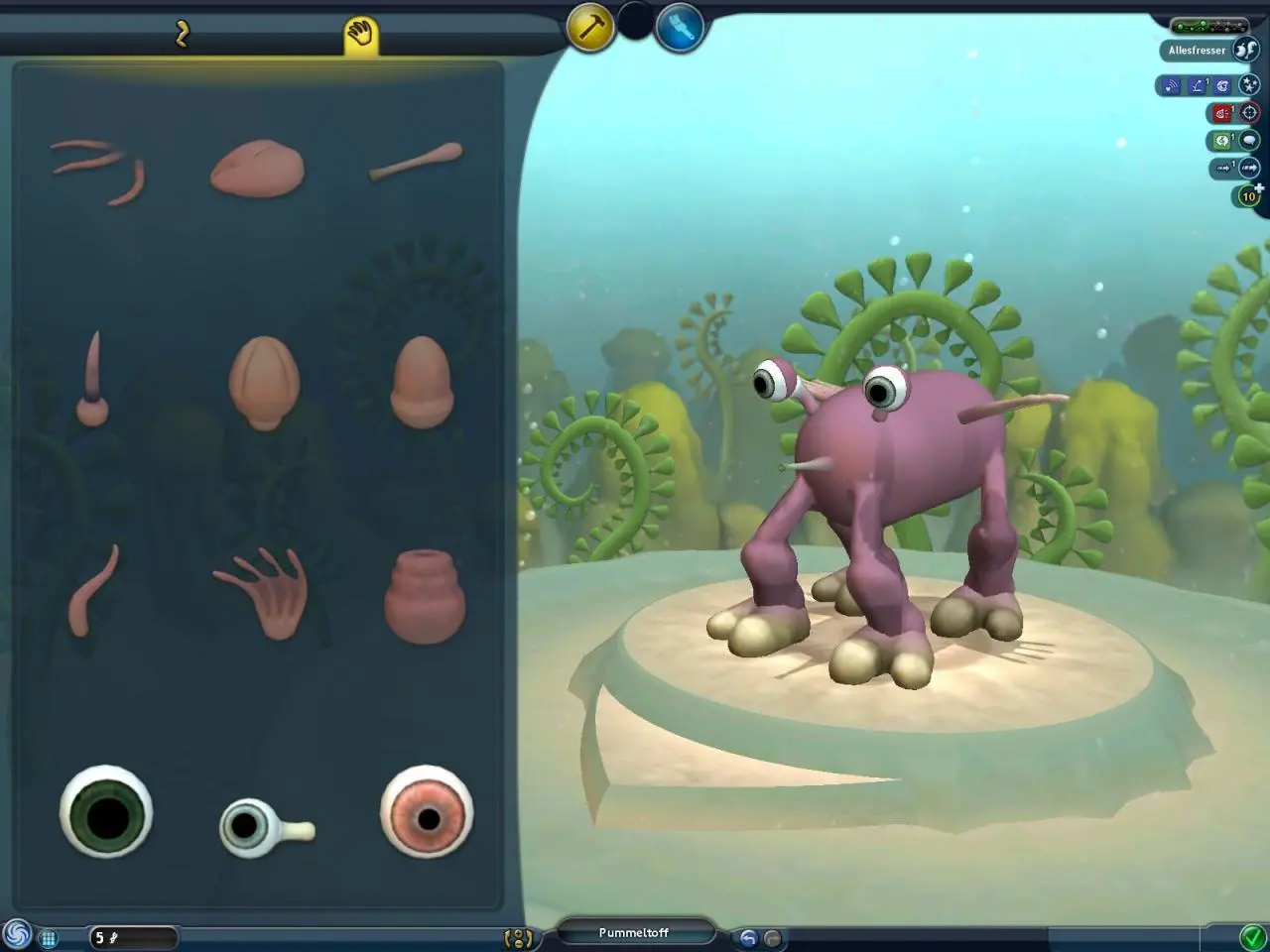 A screenshot from the digital spore game where a monster is being designed