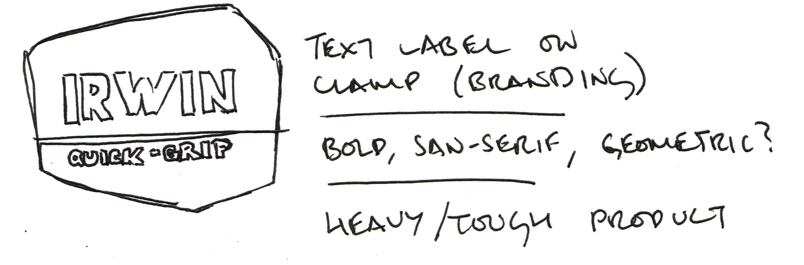 A sketch of branding from a clamp company, with some text indicating a likely classification and associations the font makes