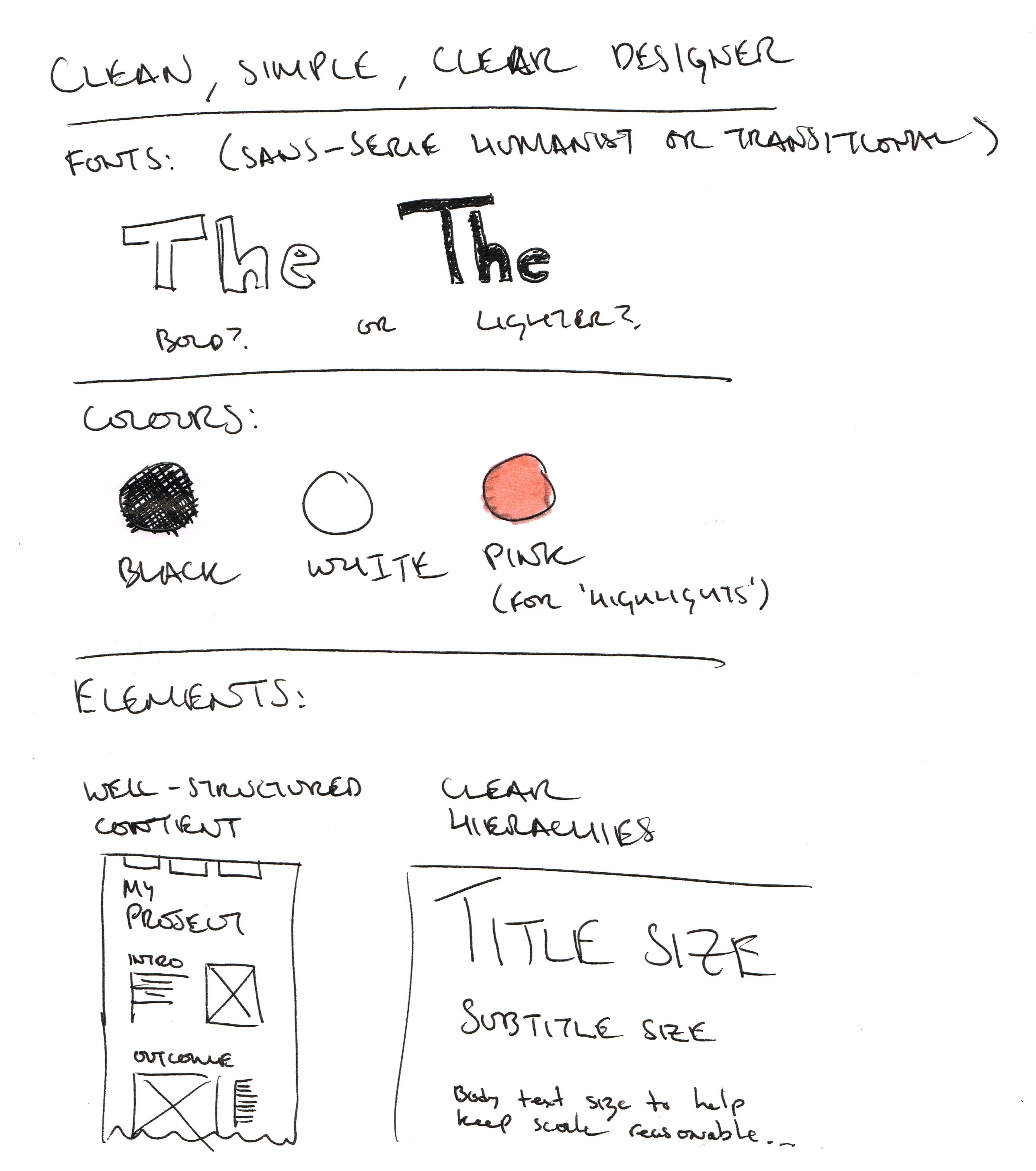 A sketch showcasing who the designer believes they are including, key terms, typefaces, colours, and structural or design elements