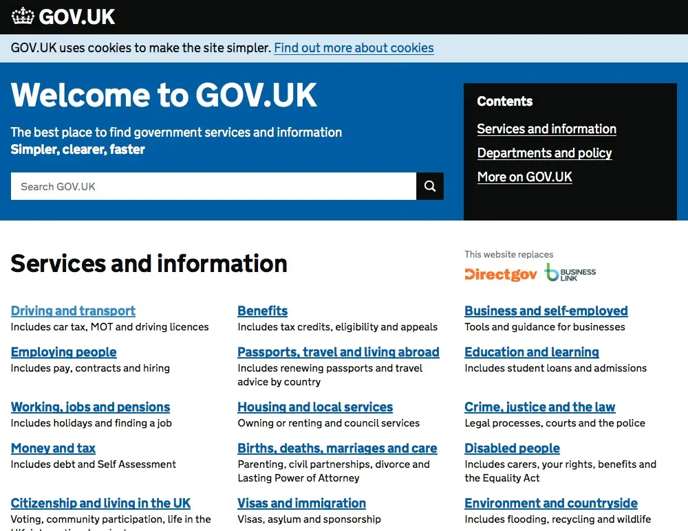 A screenshot from the gov.uk website