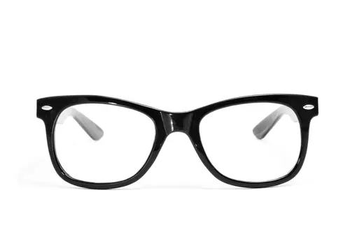 A set of thick-rimmed black glasses