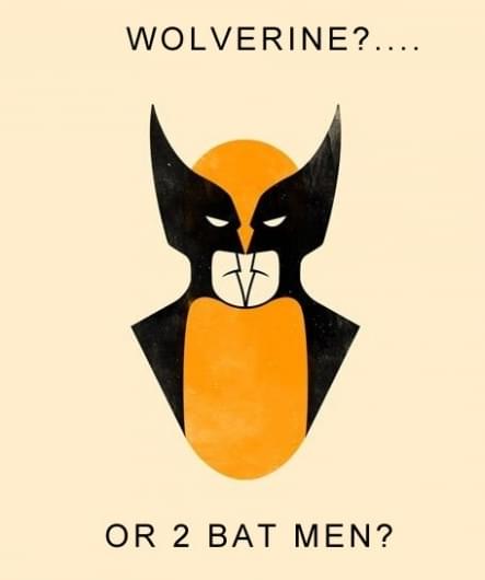An ambiguous figure-ground relationship where you either see one Wolverine or two Batmen facing one another