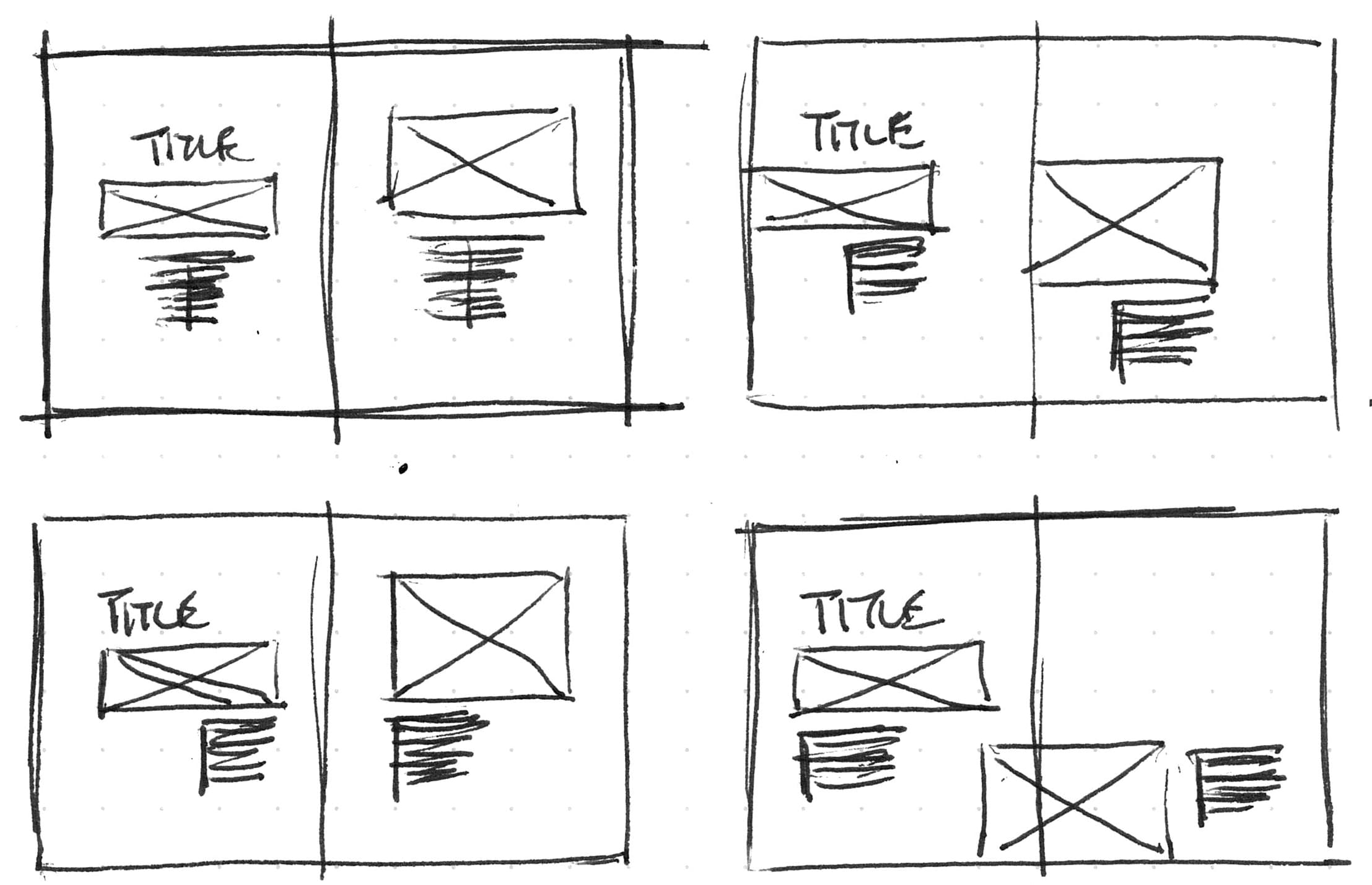 A sketch of a series of spreads illustrating symmetrical to more assymetrical balance in layout