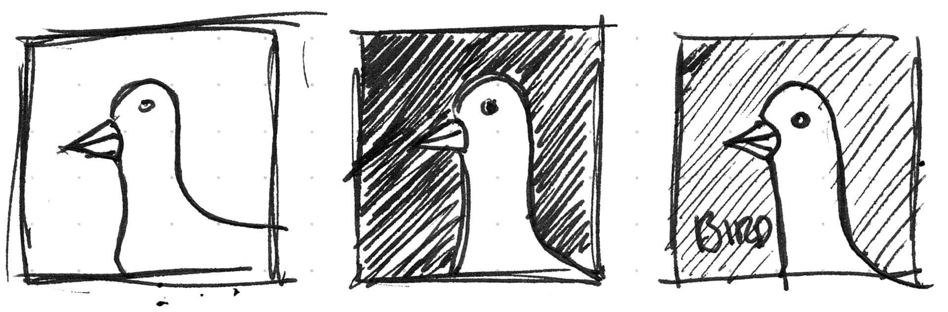 A series of sketched frames with birds in them. The second and third frames contain a dark and light fill to help demonstrate contrast