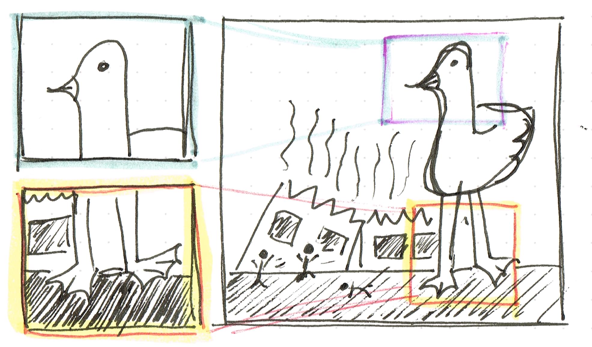 A sketch with three frames, the two smaller frames illustrating the head and feet of a bird which are portions of the larger frame, which shows the bird destroying a building and people running away