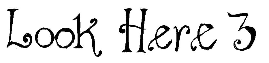 A sketch of a stylized font saying "Look Here 3"