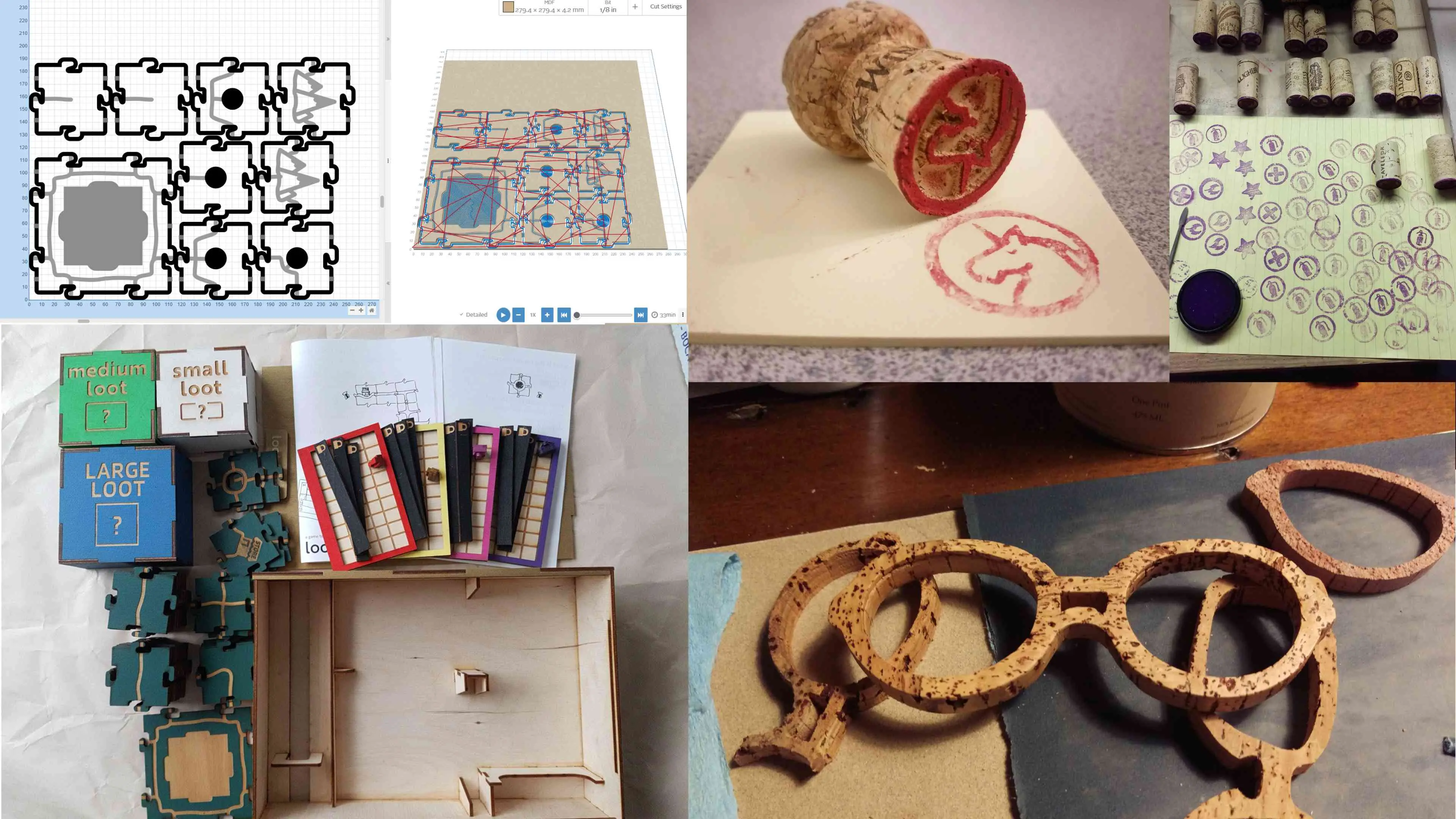 A collection of physical fabrication projects include a board game, wine-cork stamps and glasses