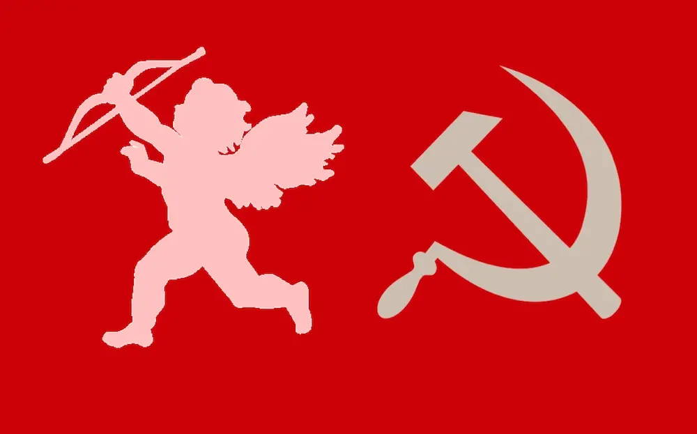 An illustration including the Soviet hammer and sickle beside cupid