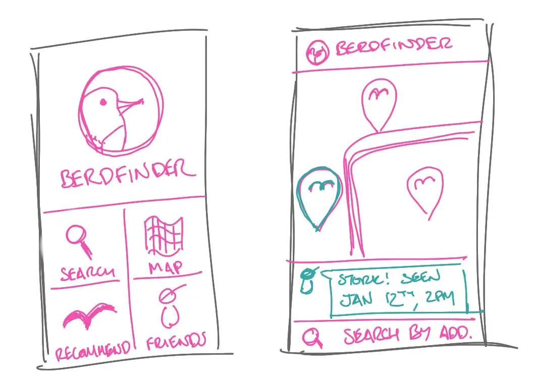 A wireframe for a bird finding app showing the main screen and the map next to it