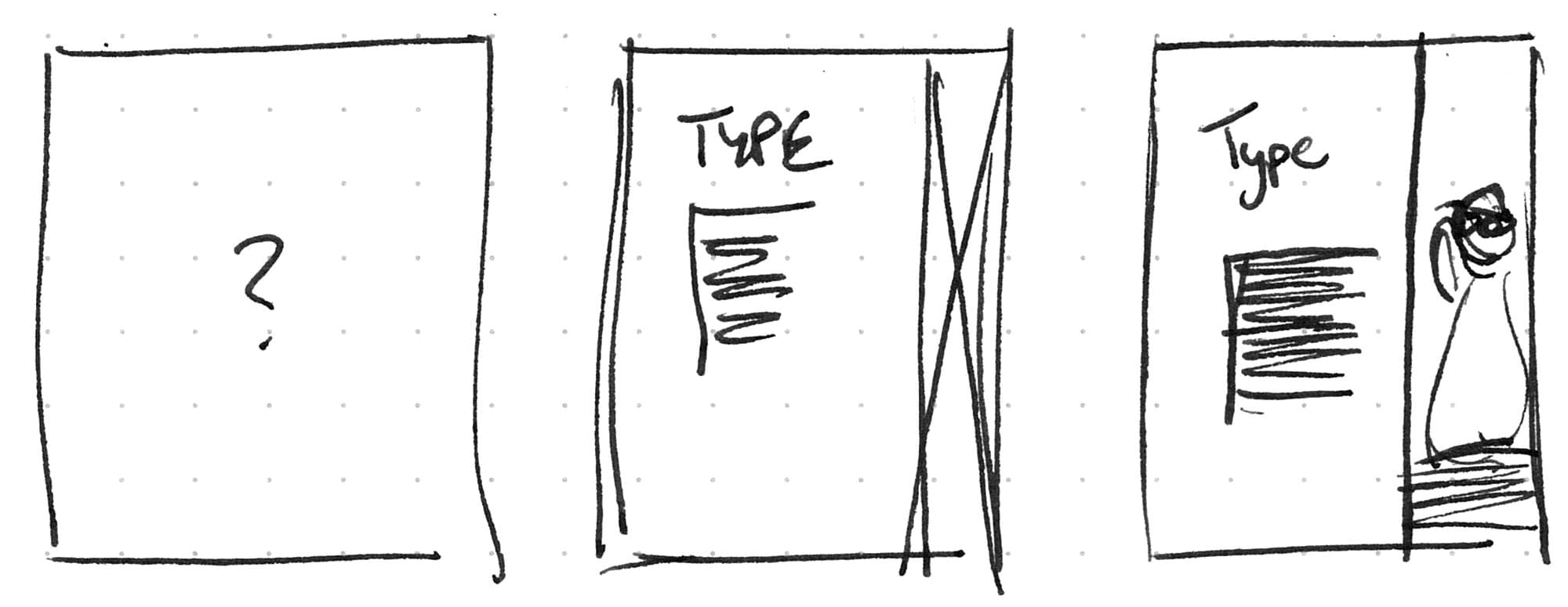 A series of three sketches of a page. One with a question mark and two with content positioned