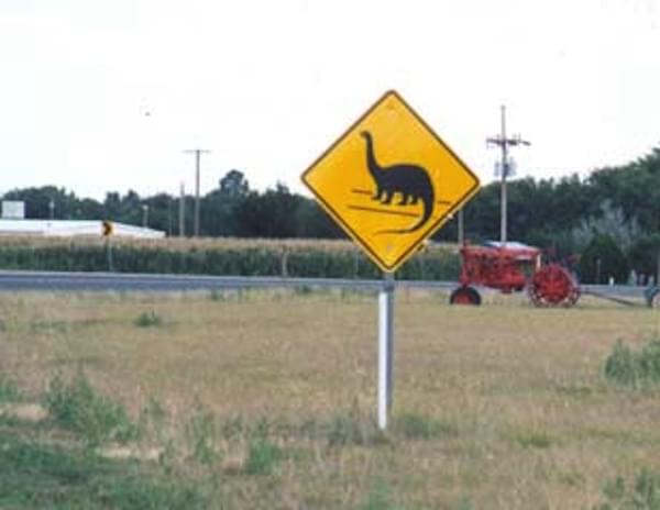 A street sign showing a dinosaur crossing the road