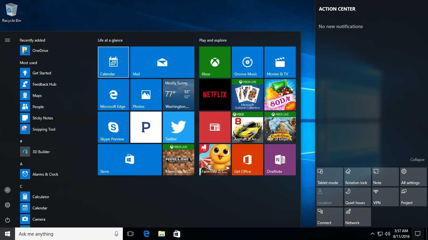 A screenshot of the Windows 10 interface with the start menu open showing a number of squares with application icons