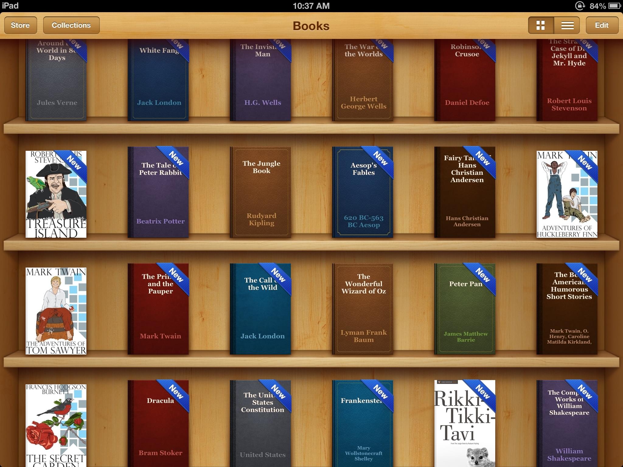 A screenshot of the iBook interface with a collection of different ebooks on a bookshelf