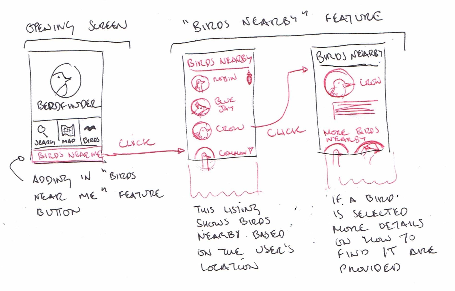 A series of wireframes illustrating how individuals can select the proposed birds near me feature in the berdfinder interface