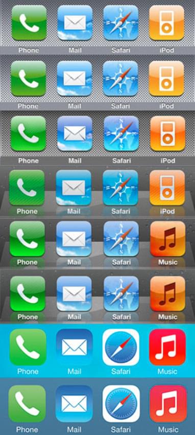 The iOS interface's evolution from more skueomorphic to flat aesthetic over time