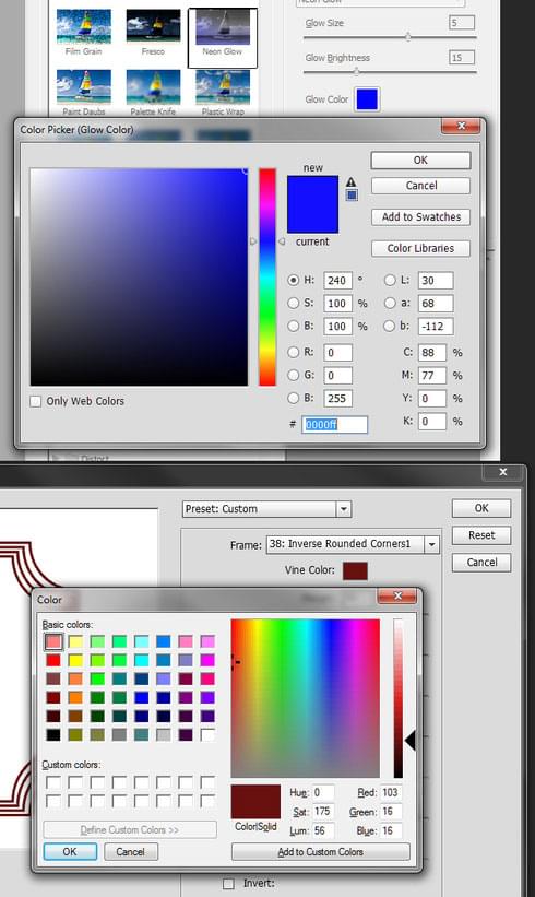 Two Photoshop colour pickers showing very different styles of colour picking