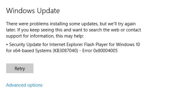 An update failure notification from Windows 10