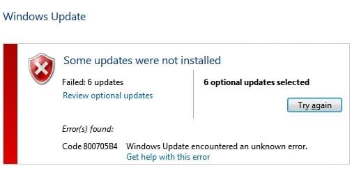 An update failure notification from Windows 7