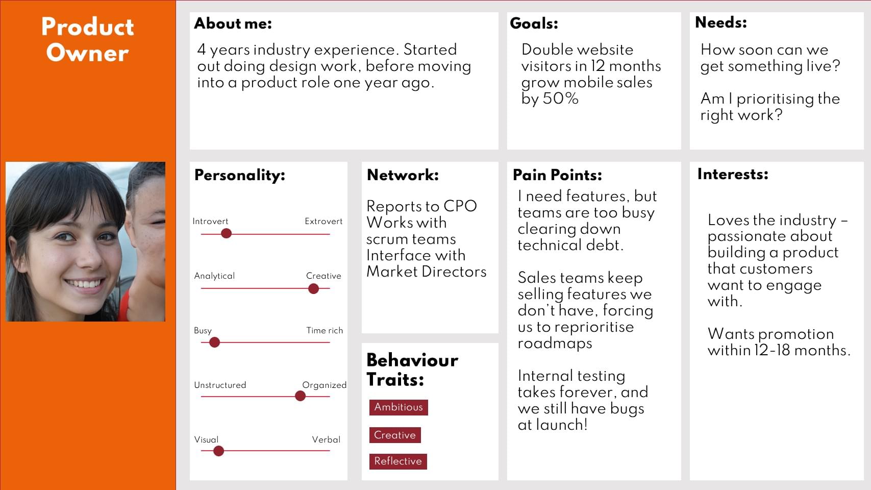 A sample persona detailing a fictional individual's behaviours, frustrations, goals, and tasks