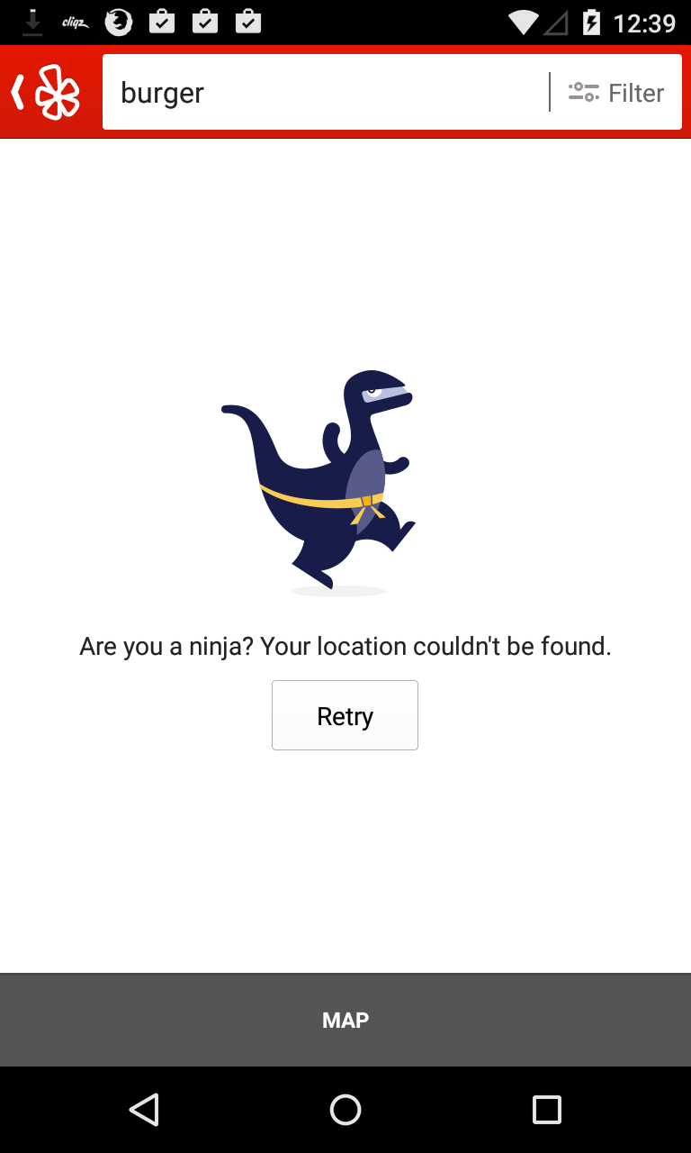 The Yelp mobile app with a dinosaur dressed as a ninja indicating that the user's location cannot be found