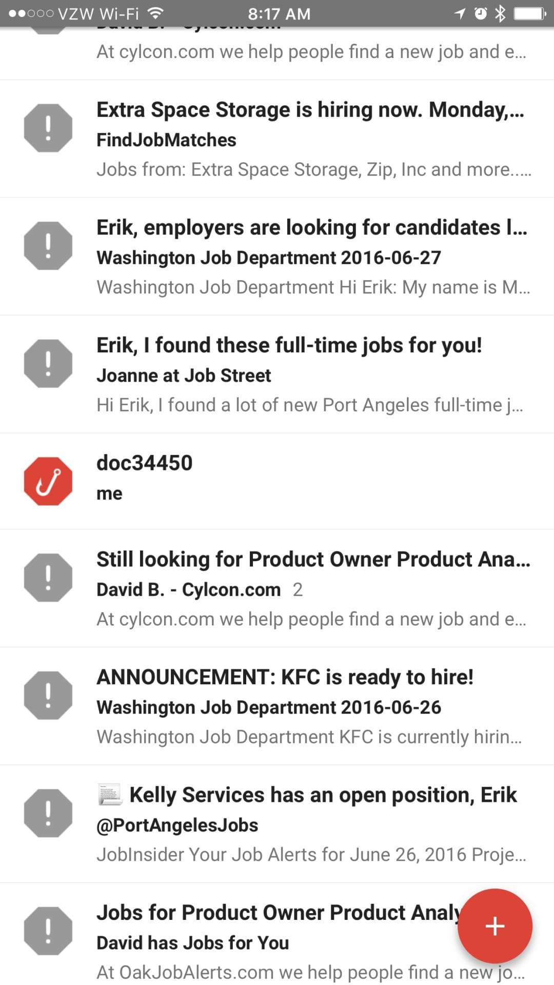 An email inbox with one email listed next to a fishing hook icon