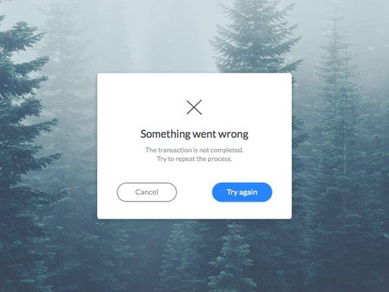 A modal window indicating that something went wrong with the transaction and that the user should try to repeat the process