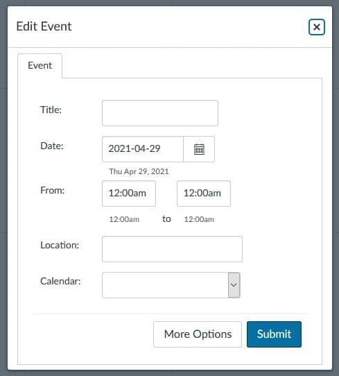 The 'Edit Event' modal from Canvas with the 'More Options' button at the bottom next to the 'Submit' button