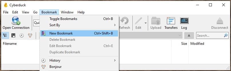 The main Cyberduck UI with the Bookmark dropdown menu open
