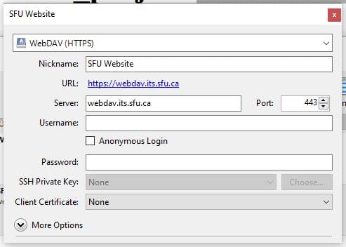 The Cyberduck bookmark setup UI with the protocol, nickname and server information set