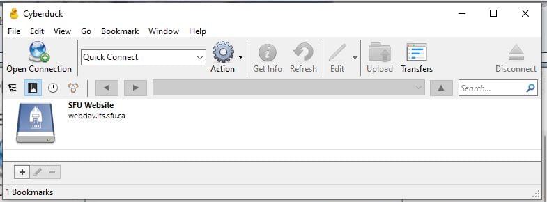 The main Cyberduck UI with the Bookmark listing open