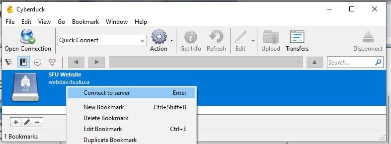 The main Cyberduck UI with the Bookmark listing open, and a context menu selected for one bookmark highlighting "Connect to Server"