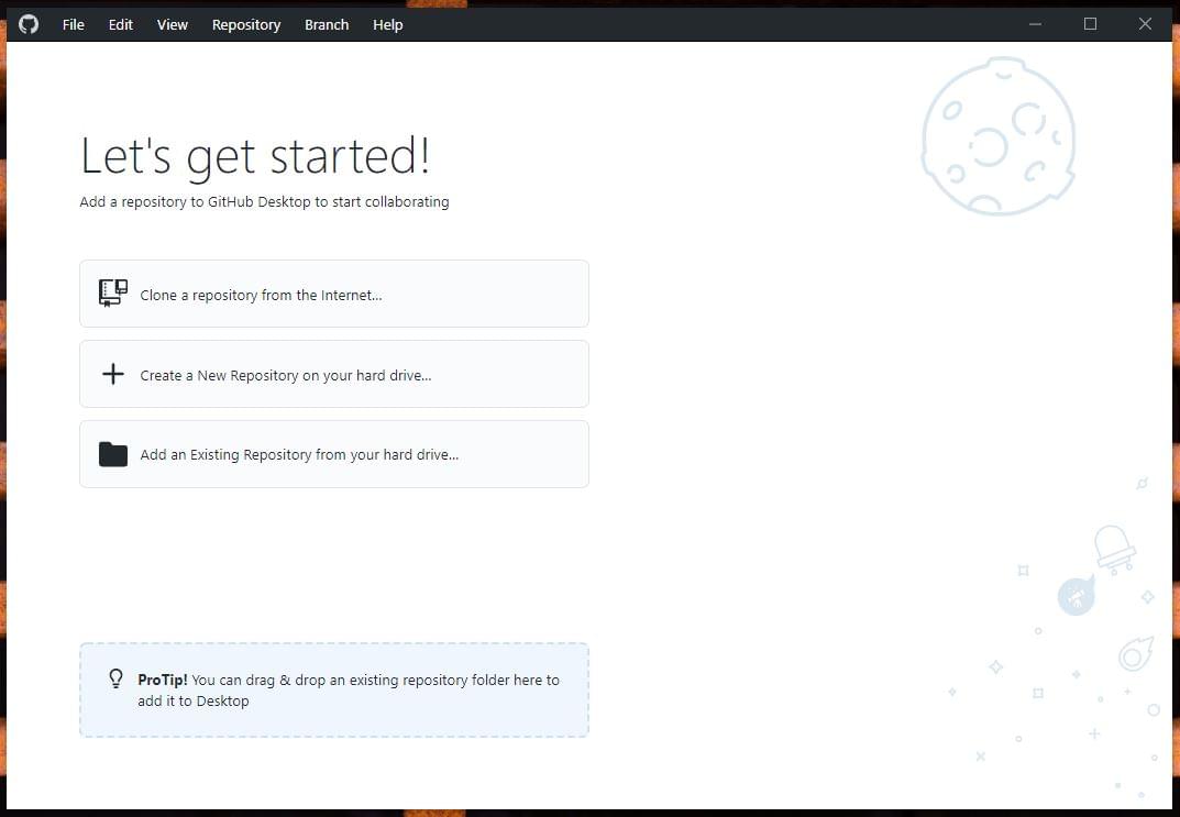 The initial GitHub Desktop graphical user interface showing options for getting started