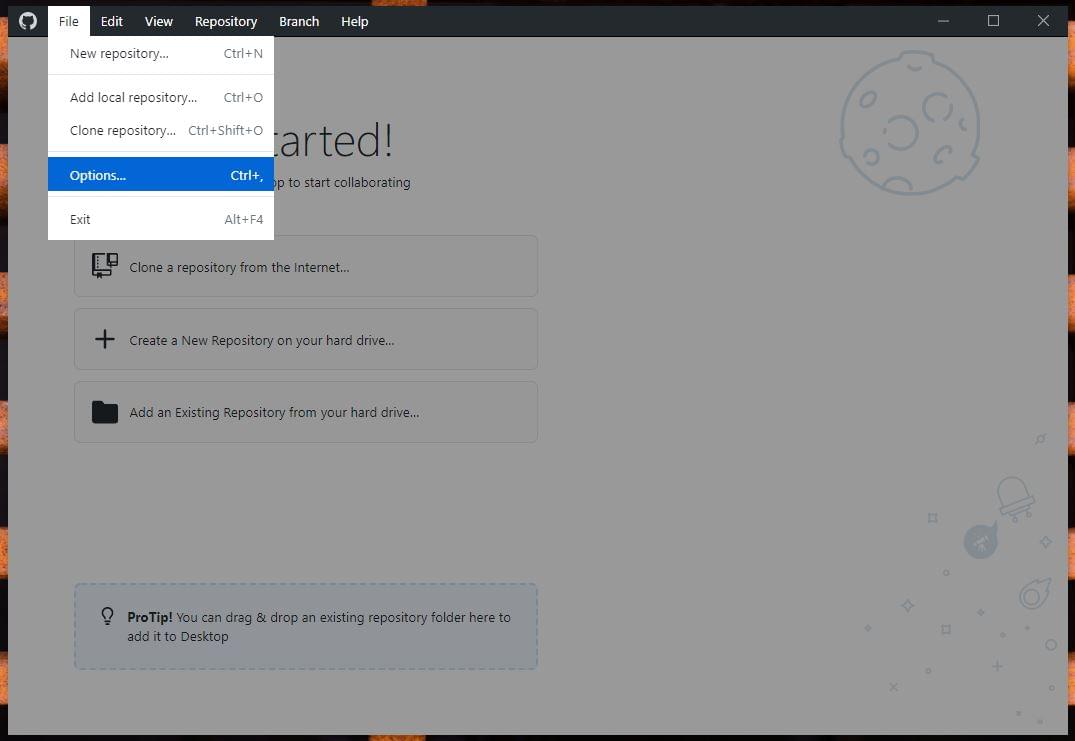 The File menu open in the GitHub Desktop interface with the Options item highlighted