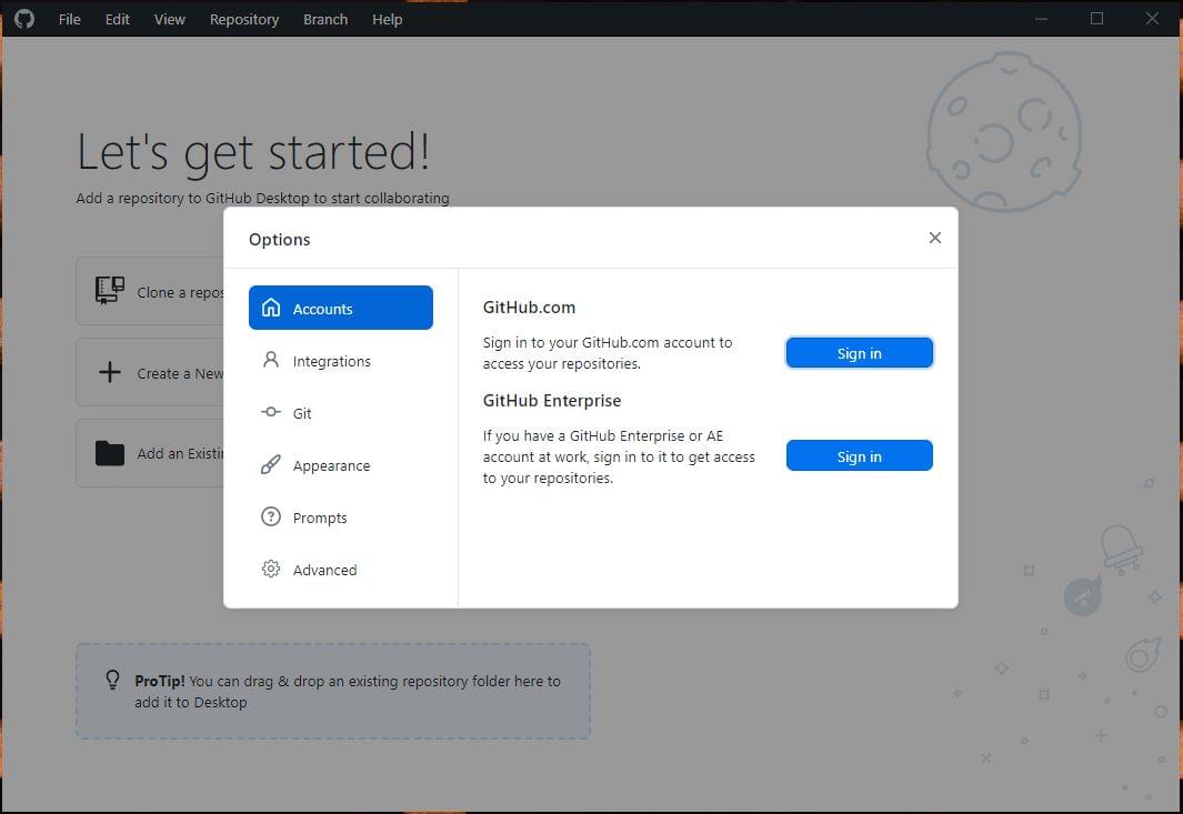 The Accounts panel open within the Options menu showing the ability to sign in to a GitHub.com or GitHub Enterprise account