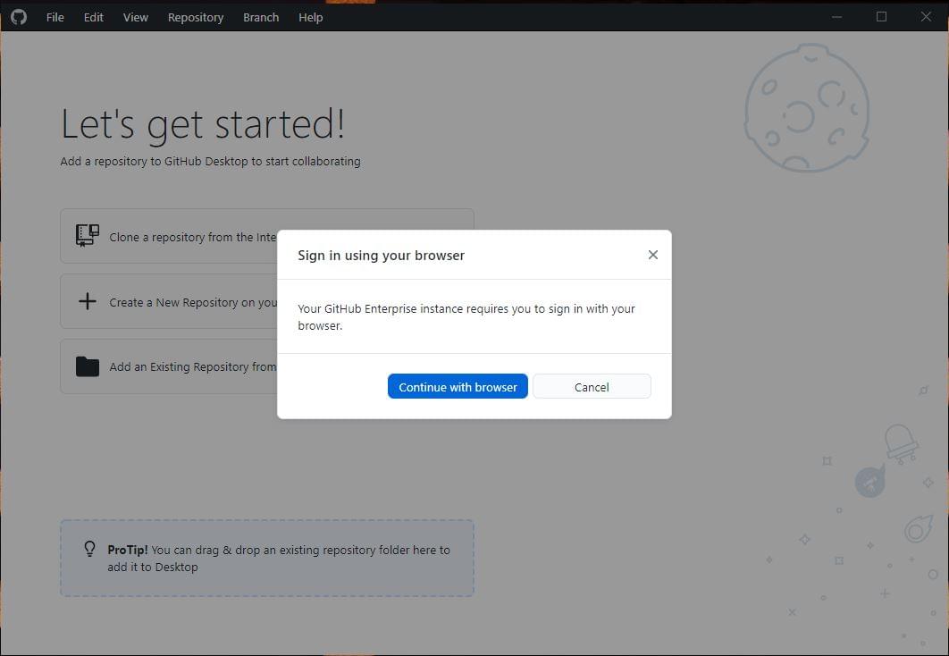 The sign-in panel indicating it will need to continue with the sign-in process in the browser