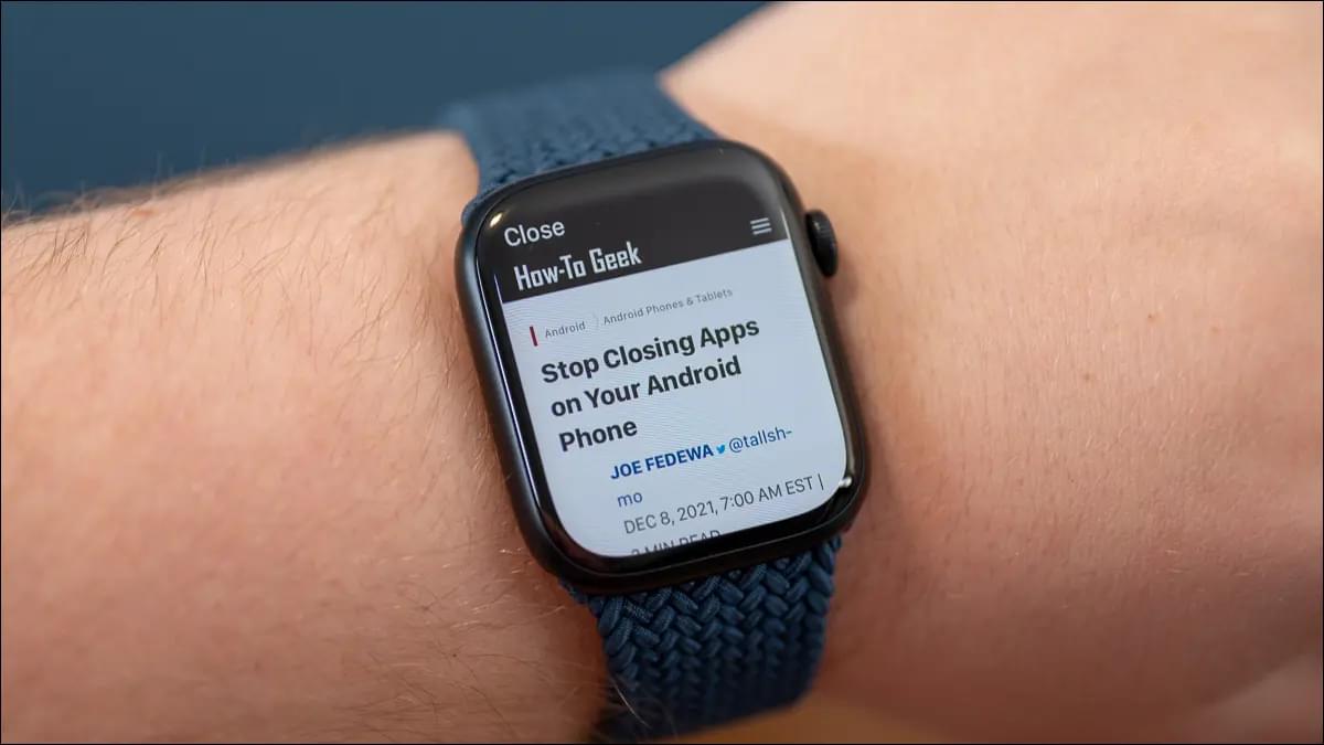 An Apple smartwatch being used to view a website