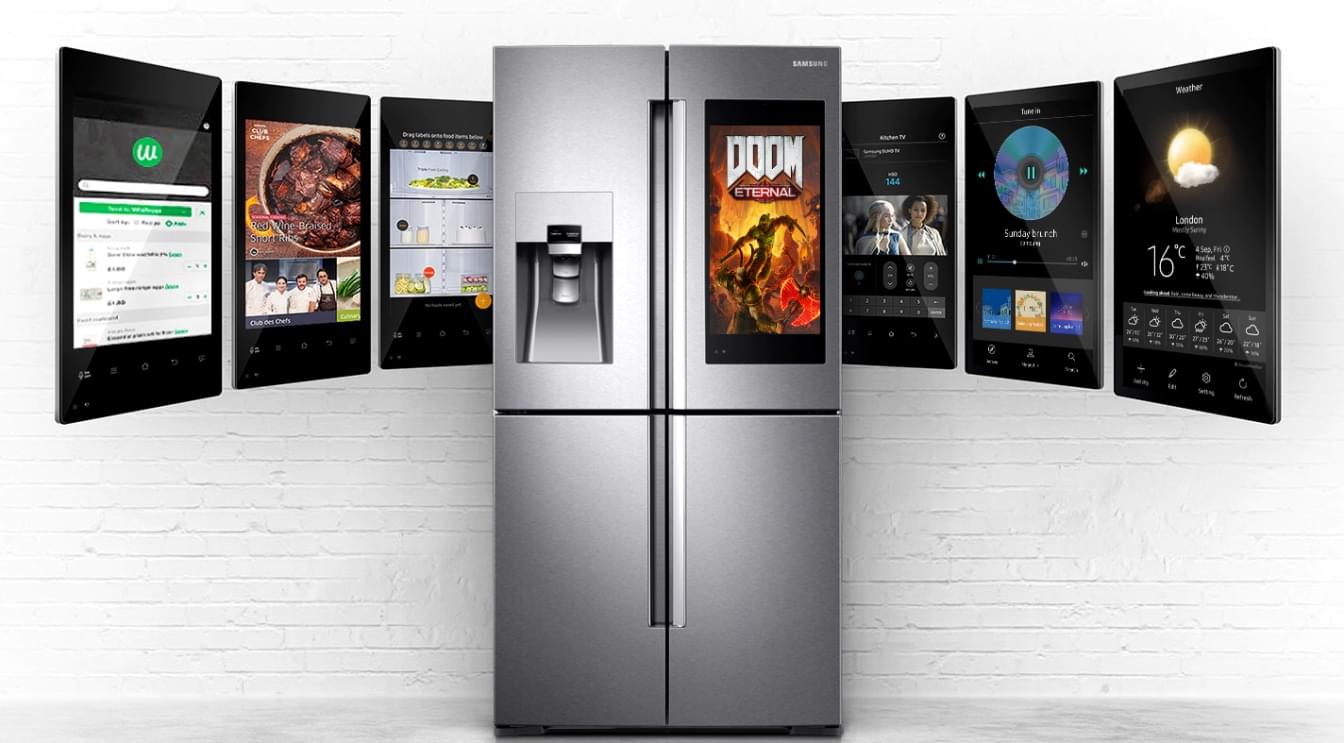 A 'smart' refrigerator displaying a series of applications it can run from web browsing, to music player, to video games