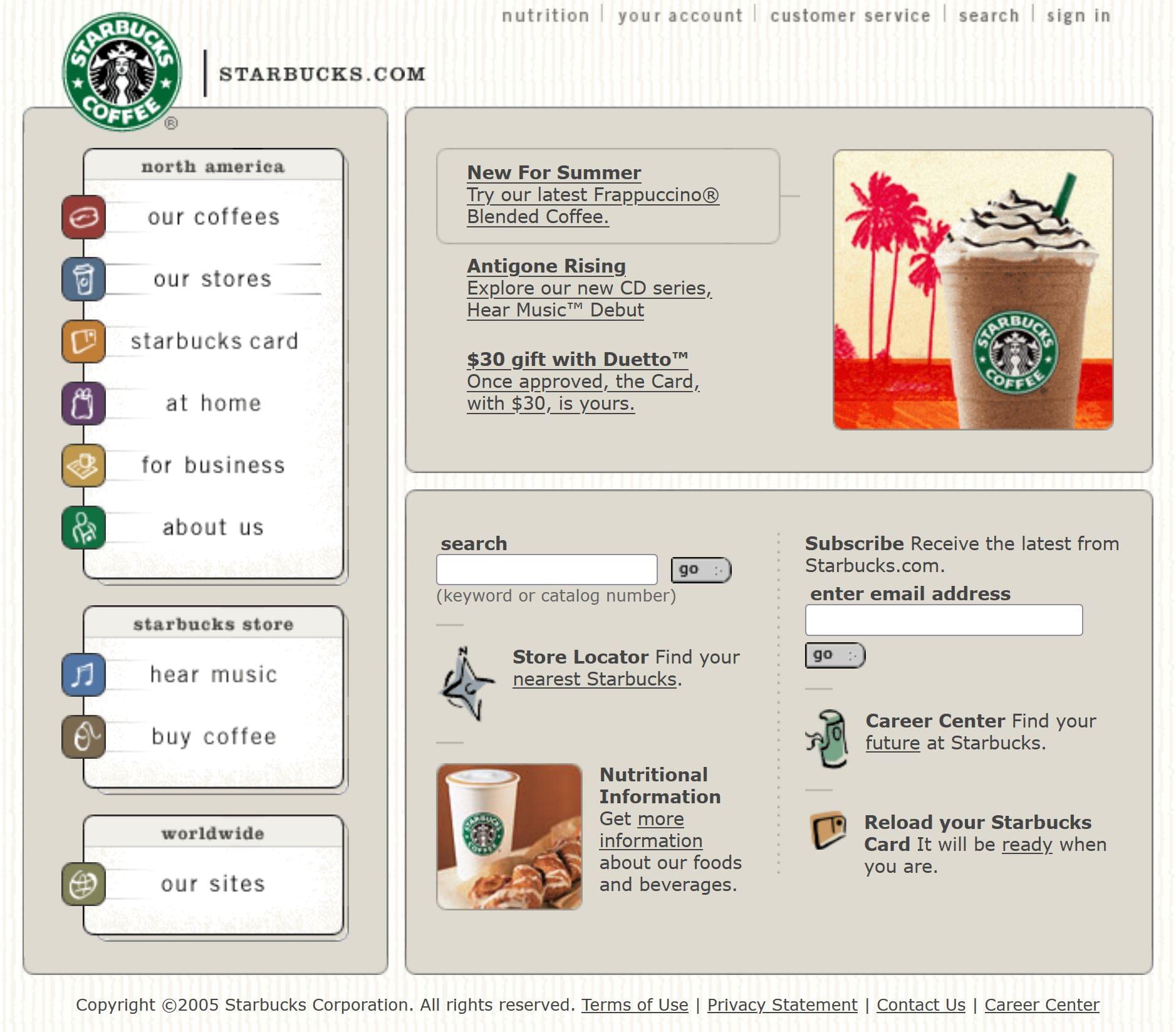 The Starbucks website landing page from 2005