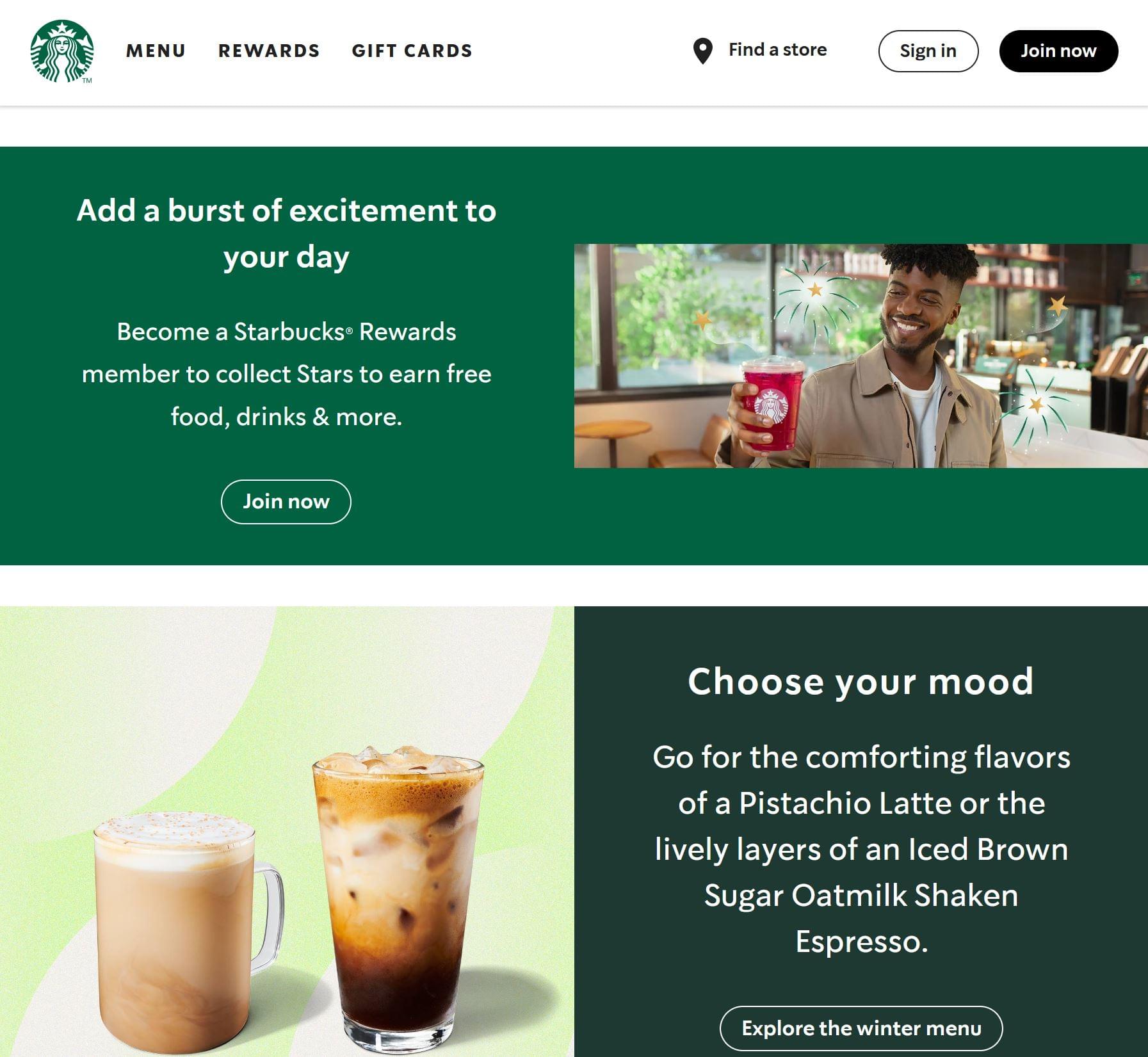 The Starbucks website landing page from today